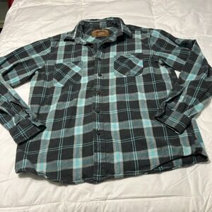 Red Camel Shirt Flannel Women's Black/Teal Plaid Button Up Long Sleeve Size L